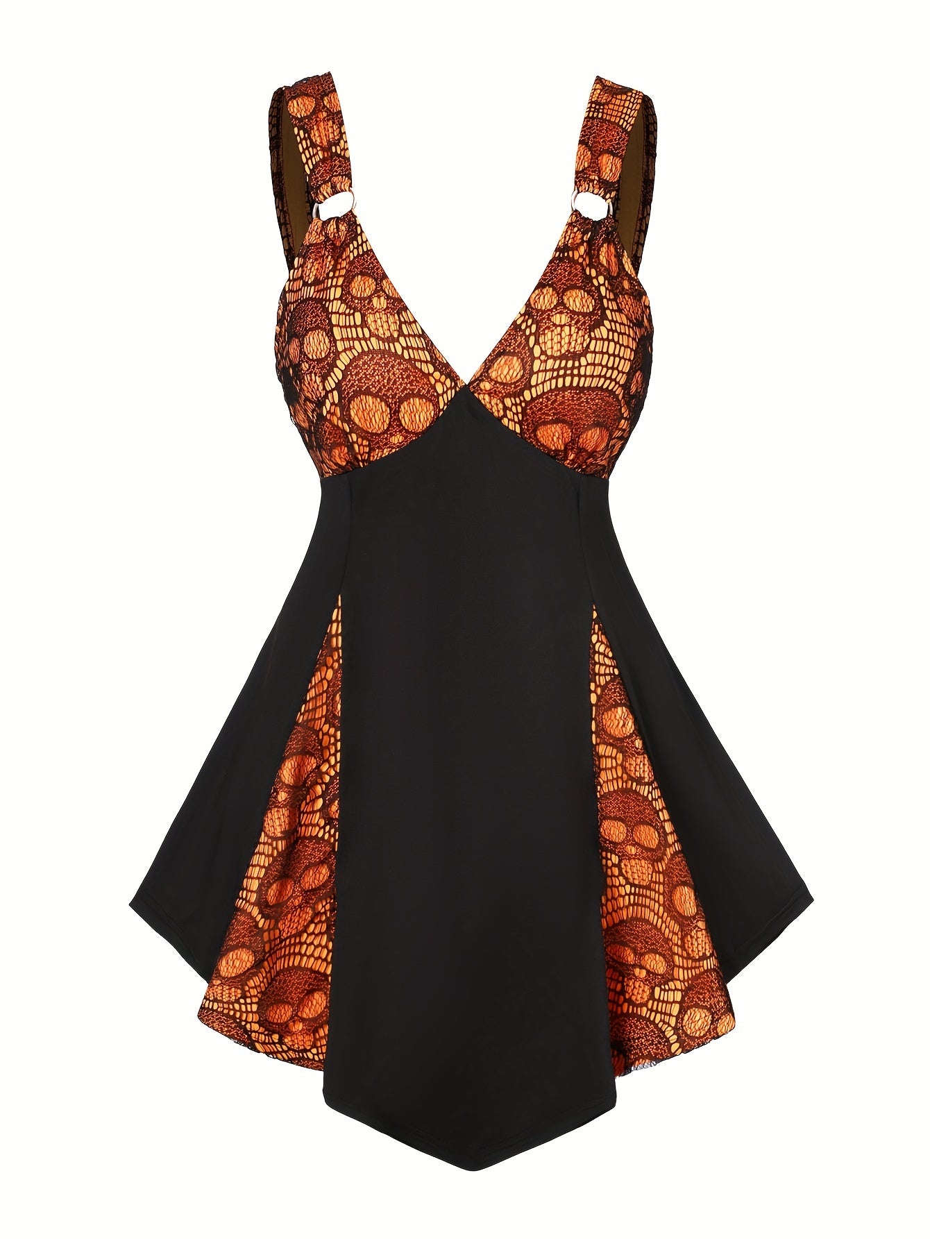 [Gothic Punk Lace Dress] Gothic Punk Lace Dress - Plus Size V-Neck Sleeveless Stretchy Black Dress with Skull Head Detail | Perfect for Parties and Events, Women's Gothic Dresses