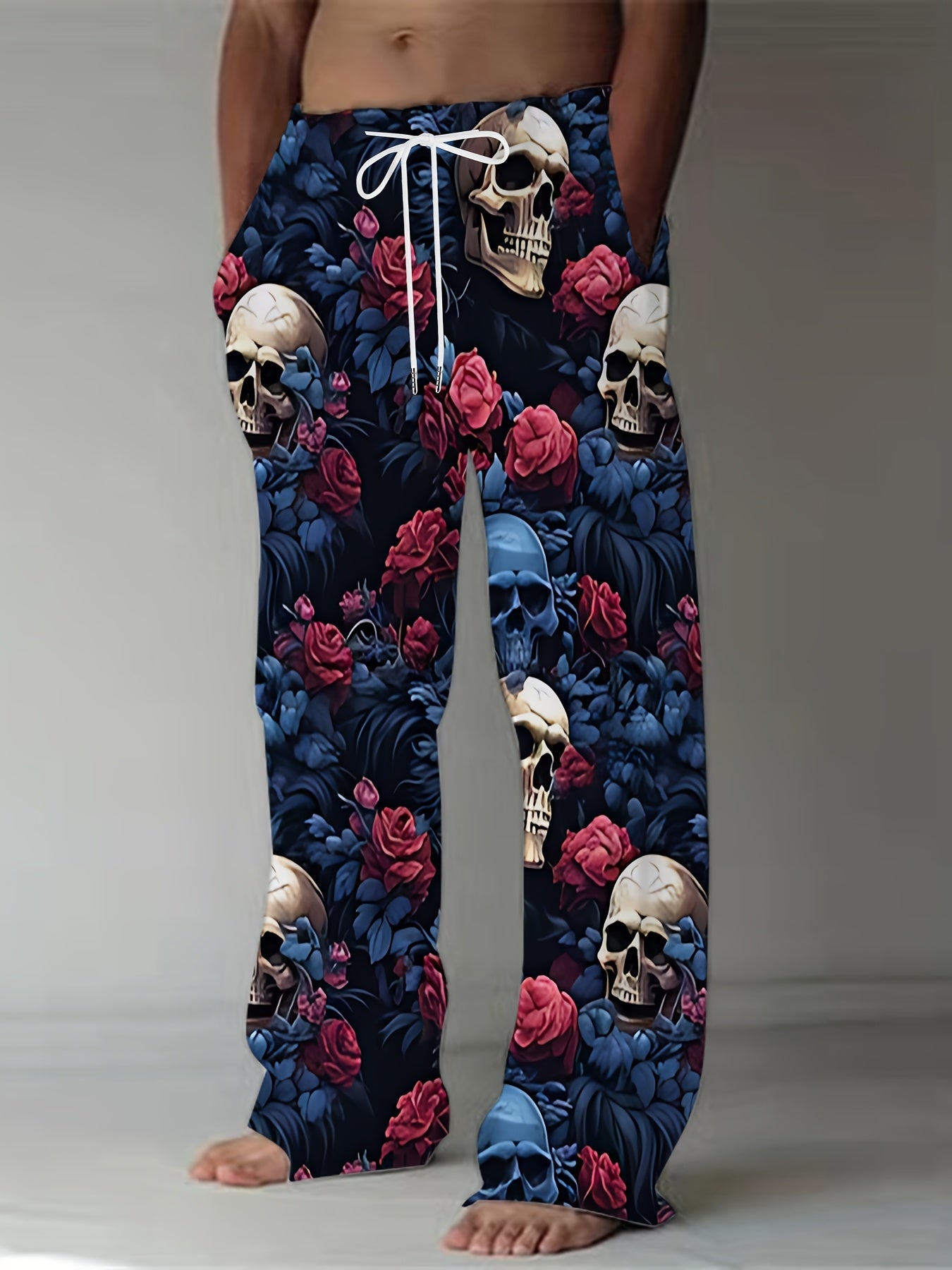 [Skull Print Joggers] Black Golden Skulls Men's Loose Fit Joggers | Comfortable Retro Style, Straight Leg, Drawstring Waist, Casual, Fall & Winter Comfort Wear
