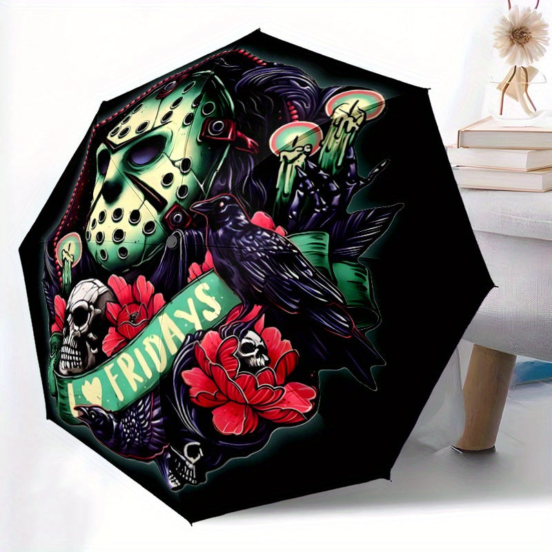 Jason Voorhees Inspired Automatic Folding Umbrella - Horror Movie Design with Jason, Friday the 13th, Halloween - Compact Travel Umbrella, Durable 8-Rib Shaft, Automatic Open/Close, Perfect Gift for Horror Fans & Jason Voorhe
