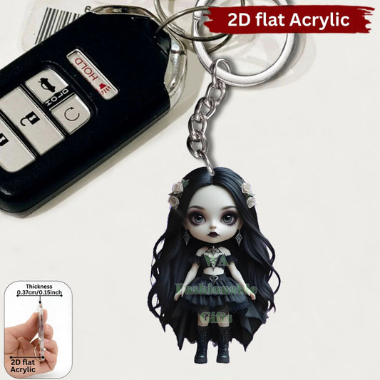 2D Flat, 1pc or 6pcs Gothic Horror Doll Keychain - Cute Gothic with Expressive Eyes, Flat 2D Flat Design with Black Hair & White Face Paint - Compatible with Backpacks, Cars, Phones, Keys - Spooky Accessory for Halloween, Chr