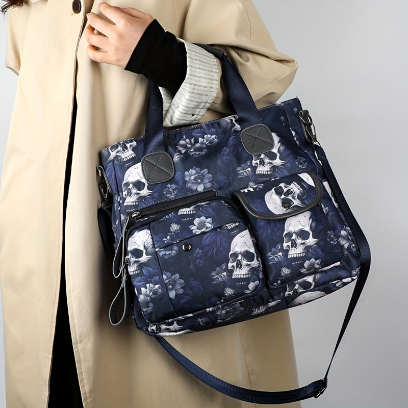 Perfect Lily Women's Punk Style Skull & Floral Print Crossbody Tote Bag - Red/Blue Nylon Multi-Pocket Handbag with Detachable Adjustable Shoulder Strap, Zipper Closure & Polyester Lining for Daily Commute, Work, Casual Outing