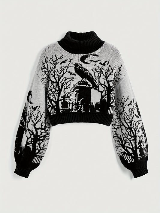 Women'S Gothic Dark Style Pullover Sweater - Black & White Contrast Color Block, Loose Fit Long Sleeve Top with Ribbed Cuffs, Warm Fall Winter Clothing for Everyday & Formal Outfits, Gothic Fashion, Autumn Winter Apparel, Moo