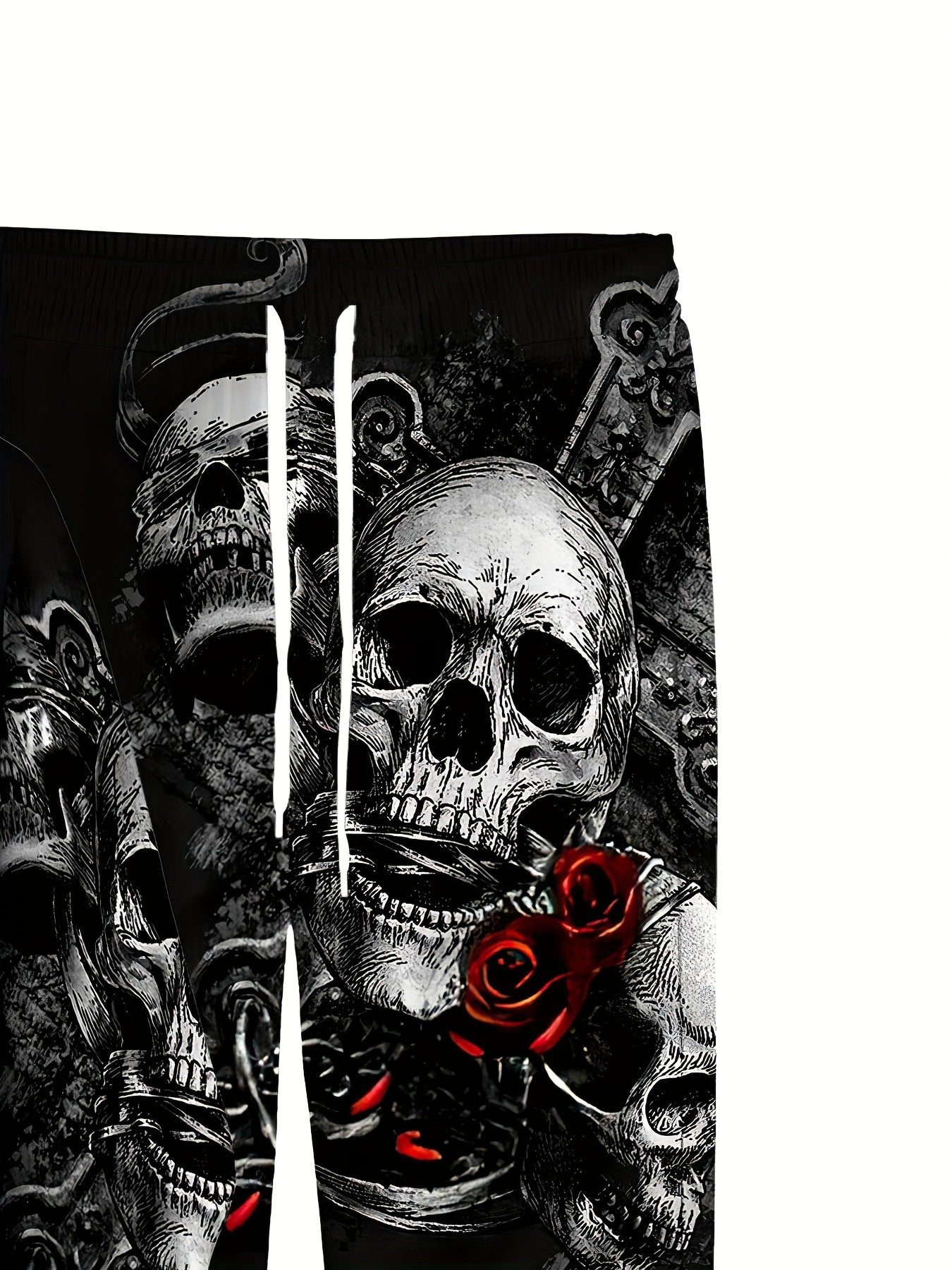 Men'S Gothic 3D Skull & Rose Print Hooded Sweatsuit - Full-Zip & Matching Joggers Set, Stretch Polyester Tracksuit with Pockets, Regular Fit Casual Outdoor Hiking & Casual Attire, Spring/Fall Themed Outfit (Skull & Rose Desig