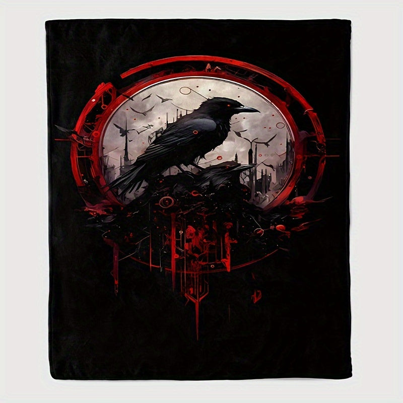 [1pc Gothic Crow Blanket] 1pc Gothic Crow Pattern Flannel Blanket | Halloween Gift Blanket for Family and Friends, Midday Nap Blanket, Throw Blanket, Sofa Blanket, Camping and Travel Multi-purpose
