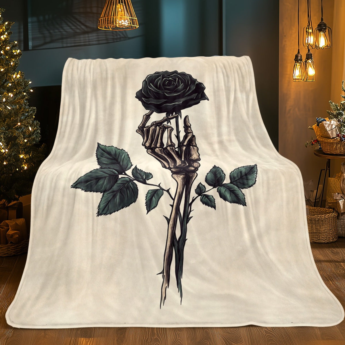 [Gothic Skeleton Throw Blanket] 1pc Gothic Skeleton Hand & Black Rose Throw Blanket - Soft Lightweight Flannel, Beige & Dark Decor for Living Room, Bedroom, Travel - Spooky Halloween Wedding Birthday Gift for Adults - All-Sea