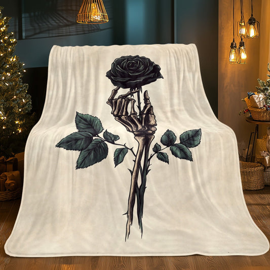 [Gothic Skeleton Throw Blanket] 1pc Gothic Skeleton Hand & Black Rose Throw Blanket - Soft Lightweight Flannel, Beige & Dark Decor for Living Room, Bedroom, Travel - Spooky Halloween Wedding Birthday Gift for Adults - All-Sea