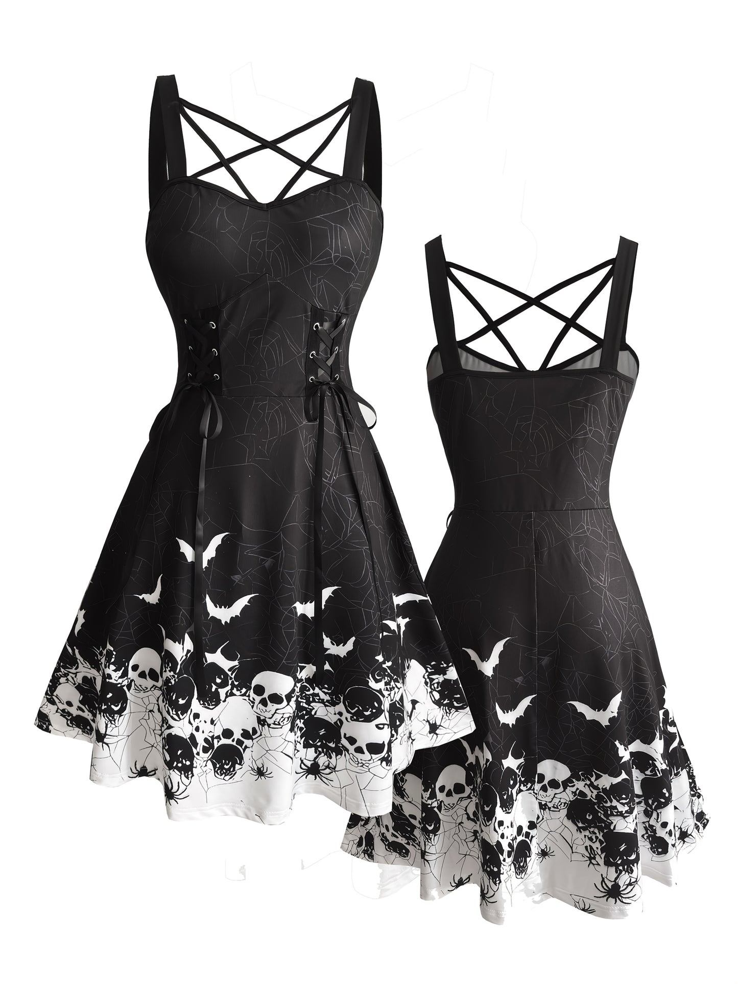 Women'S Gothic Halloween Party dress - Black Formal & Everyday Gothic outfit with Bat Silhouette Print, Flared Hem, Knee-Length Costume for Halloween, Gothic Events, Themed Parties - Fall Winter Clothing, Halloween Clothes, T