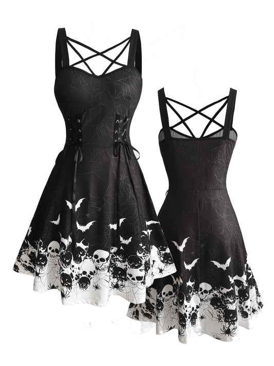 Women'S Gothic Halloween Party dress - Black Formal & Everyday Gothic outfit with Bat Silhouette Print, Flared Hem, Knee-Length Costume for Halloween, Gothic Events, Themed Parties - Fall Winter Clothing, Halloween Clothes, T