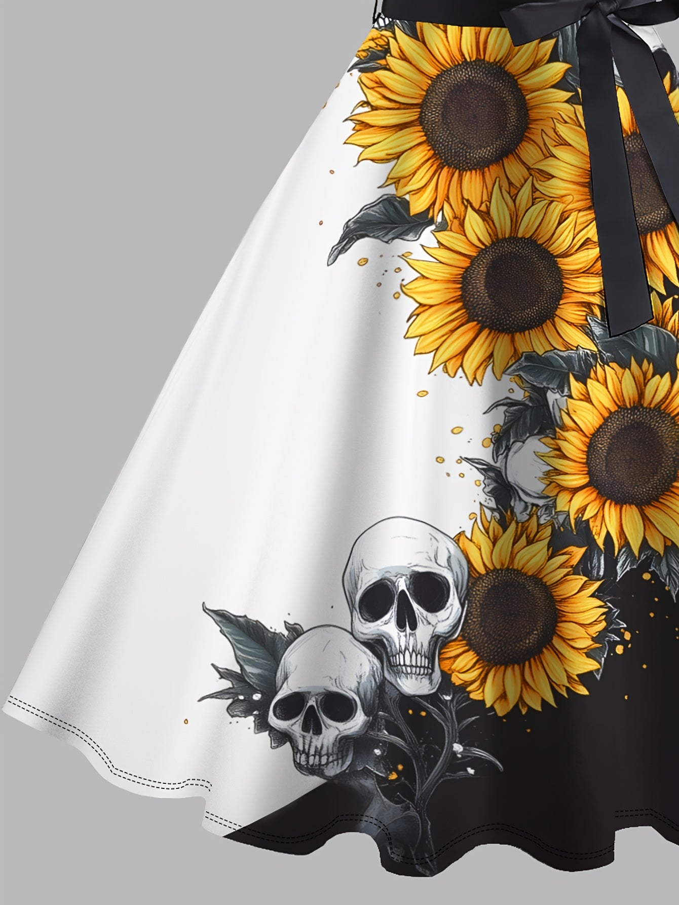 Women'S Gothic Sunflower Skull Print Sleeveless A-Line Dress with Belt - Black & White Contrast, Vintage Cocktail Party Dress for Spring Summer Fall, Casual Elegance, Seasonal Fashion, Offshoulder Design, Sophisticated Crafts