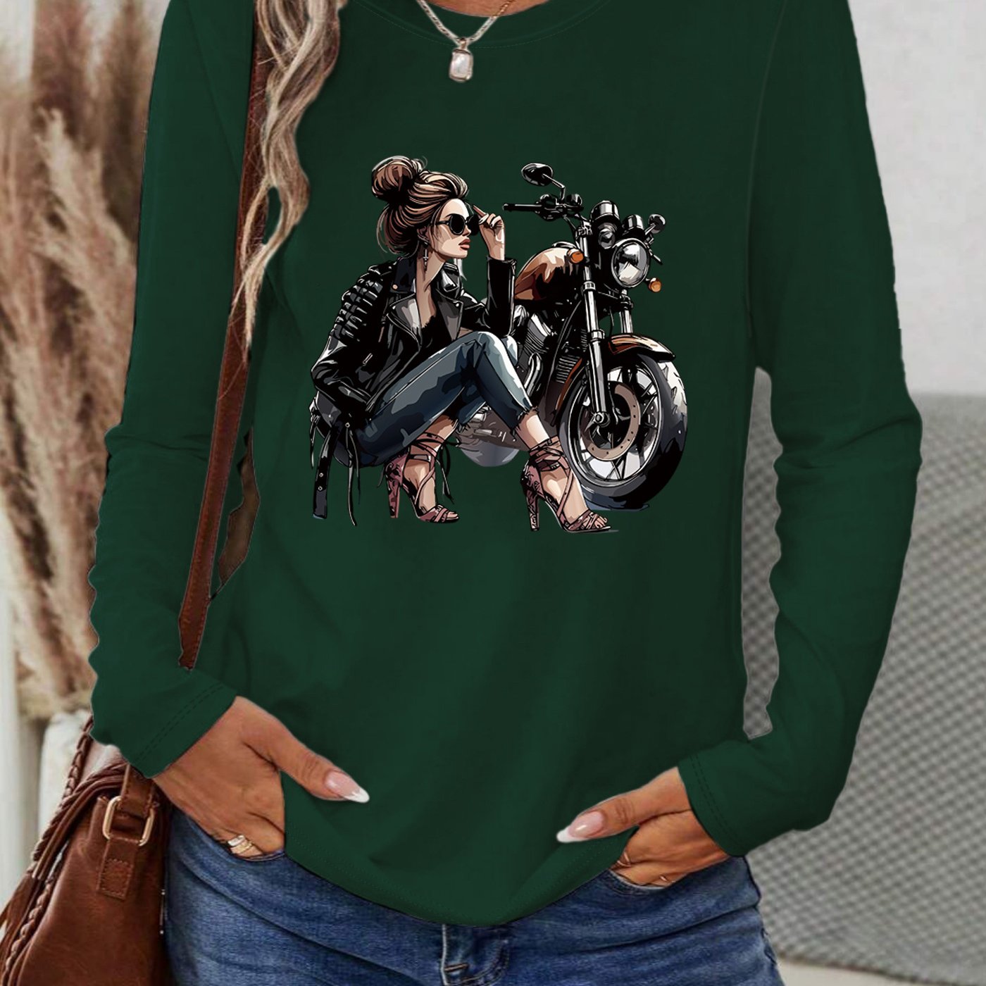 [Vibrant Yellow T-Shirt] Vibrant Yellow Women's Motorcycle Graphic Long Sleeve T-Shirt | Casual Round Neck Spring Summer Top with Geometric Print, Machine Washable, Relaxed Fit, Durable