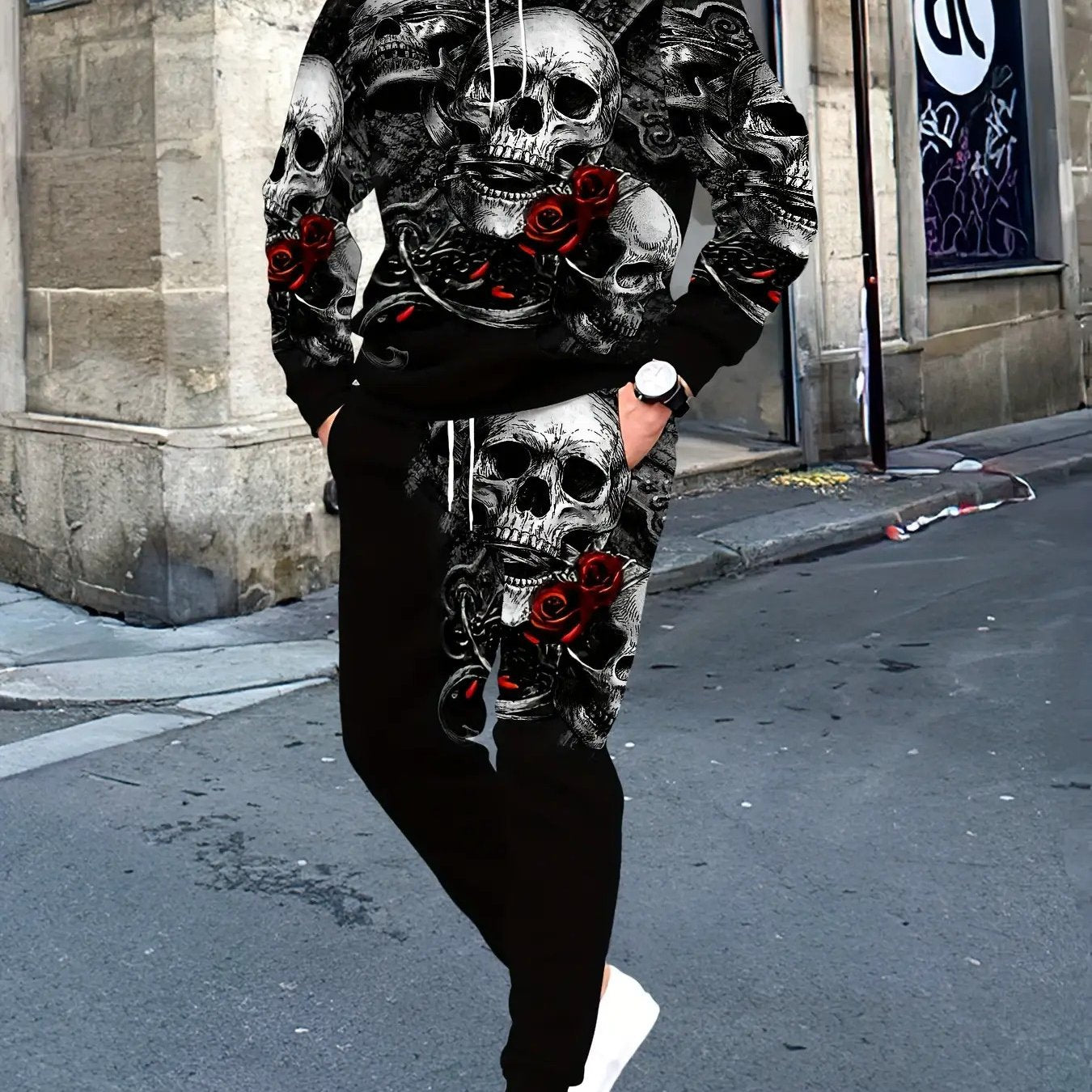 Men'S Gothic 3D Skull & Rose Print Hooded Sweatsuit - Full-Zip & Matching Joggers Set, Stretch Polyester Tracksuit with Pockets, Regular Fit Casual Outdoor Hiking & Casual Attire, Spring/Fall Themed Outfit (Skull & Rose Desig