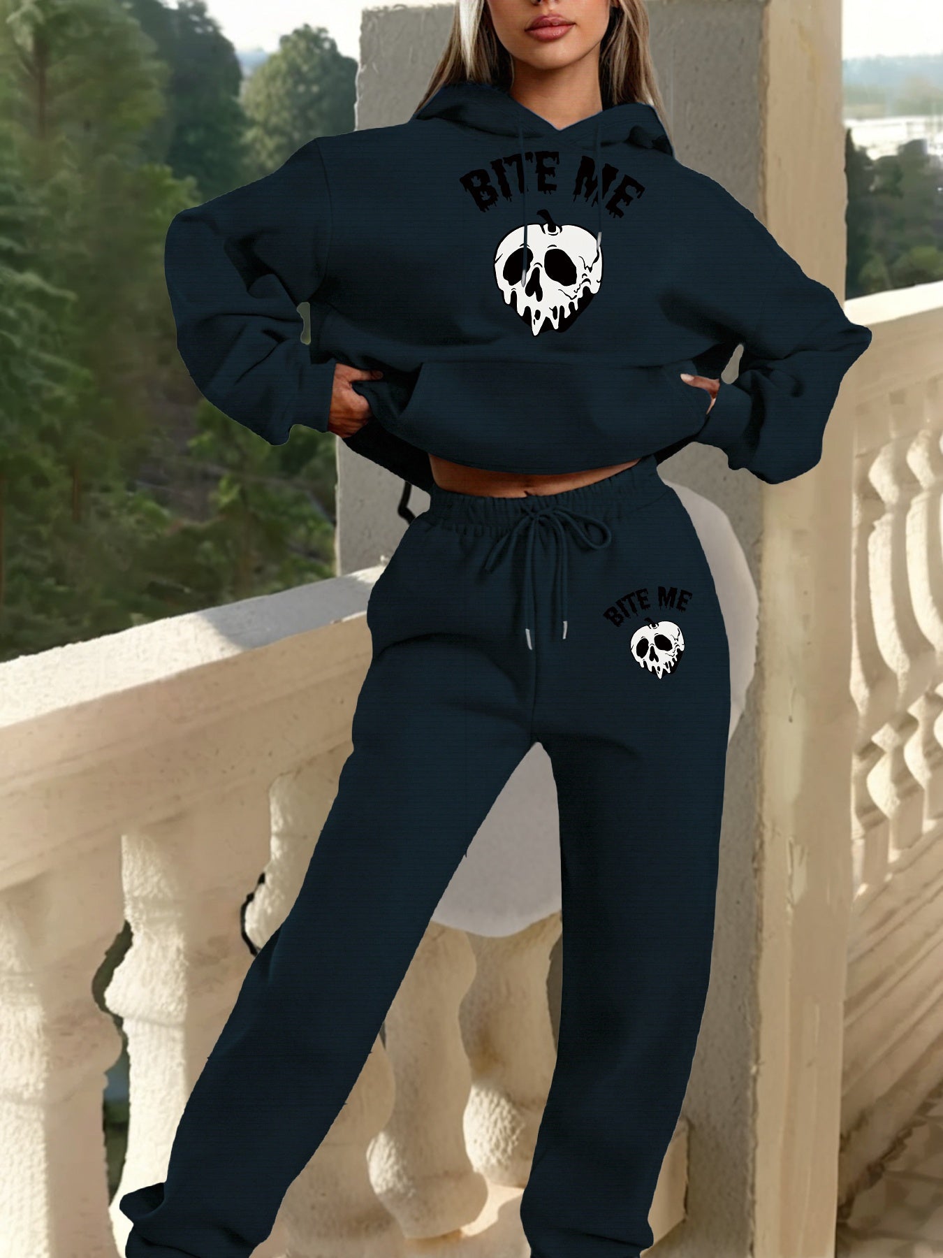 Women'S Gothic Hoodie & Sweatpants Set - Black with White Skull Graphic, Matching Outfit for Halloween, Gothic Clothing, Casual Winter Wear - Cozy Fall/Winter for Everyday & Themed Events, Goth Hoodie, Halloween Apparel, Comf