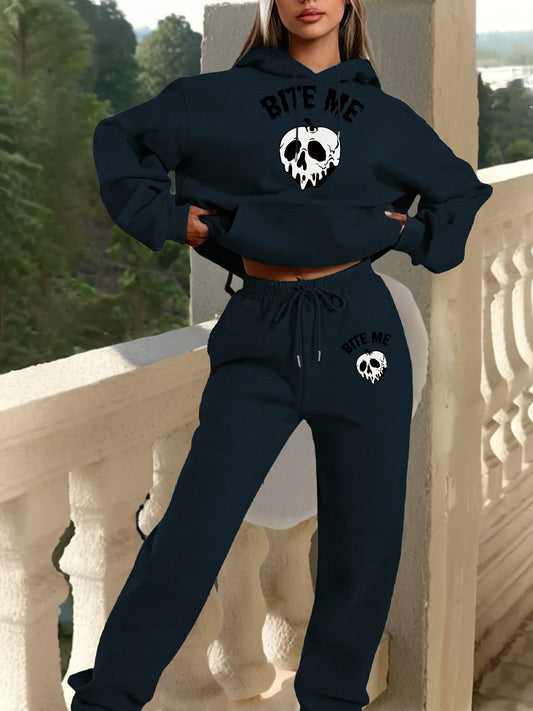 Women'S Gothic Hoodie & Sweatpants Set - Black with White Skull Graphic, Matching Outfit for Halloween, Gothic Clothing, Casual Winter Wear - Cozy Fall/Winter for Everyday & Themed Events, Goth Hoodie, Halloween Apparel, Comf