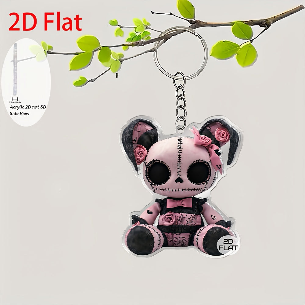 2D Flat, 1pc Gothic Plush Bear Keychain - Pink & Black Gothic Charm with White Eyes, Nose & Mouth - Cute Bag Accessory, Birthday/Valentine's Gift for Girls, Women, Kawaii Collectors - Soft Plush Pendant with Black & White Str