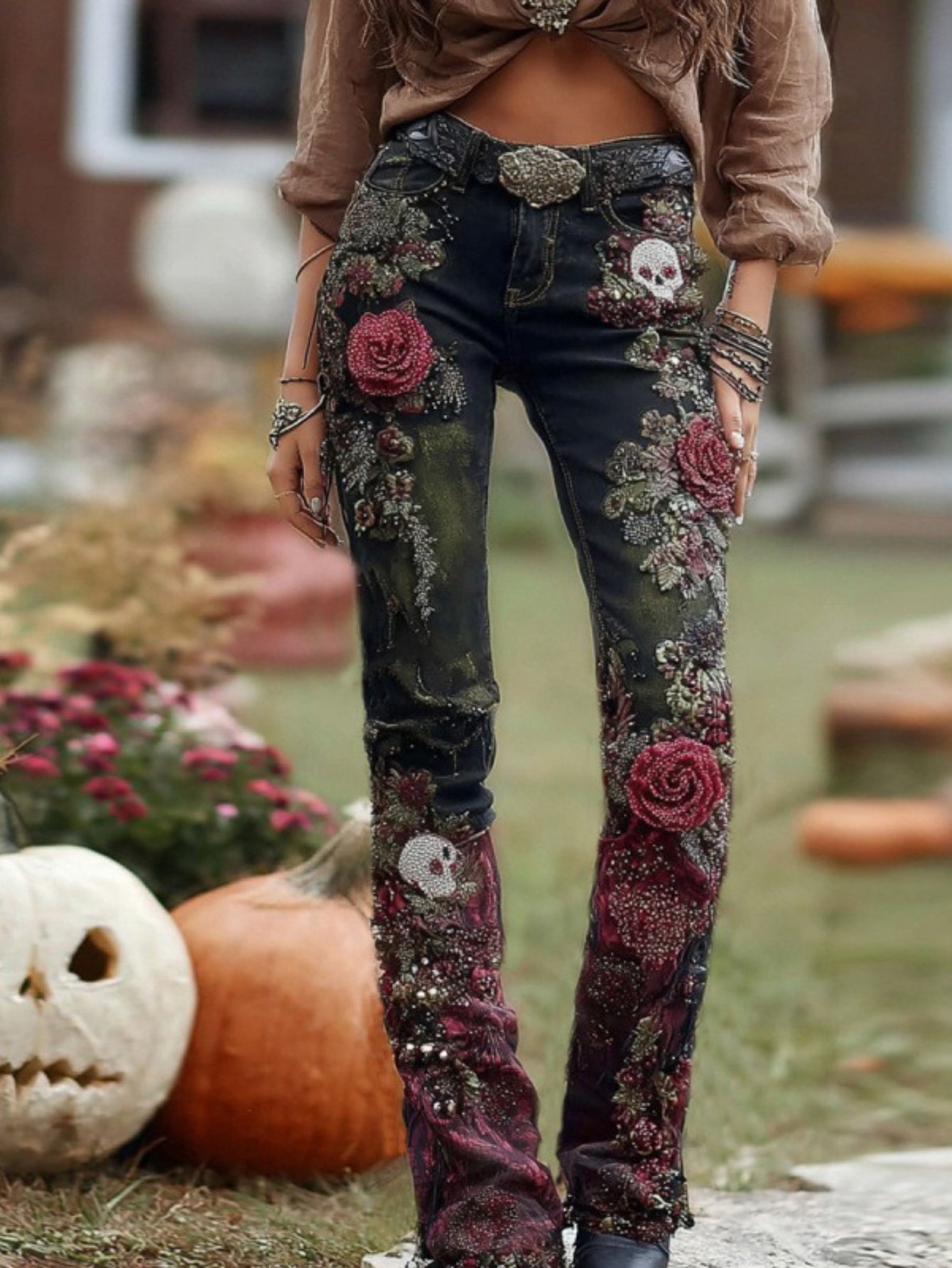 Women's Glow in The Dark Skeleton Jeans - 3D /Blacklight Reactive Light Up Bone & Skull Print, High Waisted Stretch Skinny Denim Pants for Gothic Rave Party Outfits, Nightclub Wear & Year-Round Costume