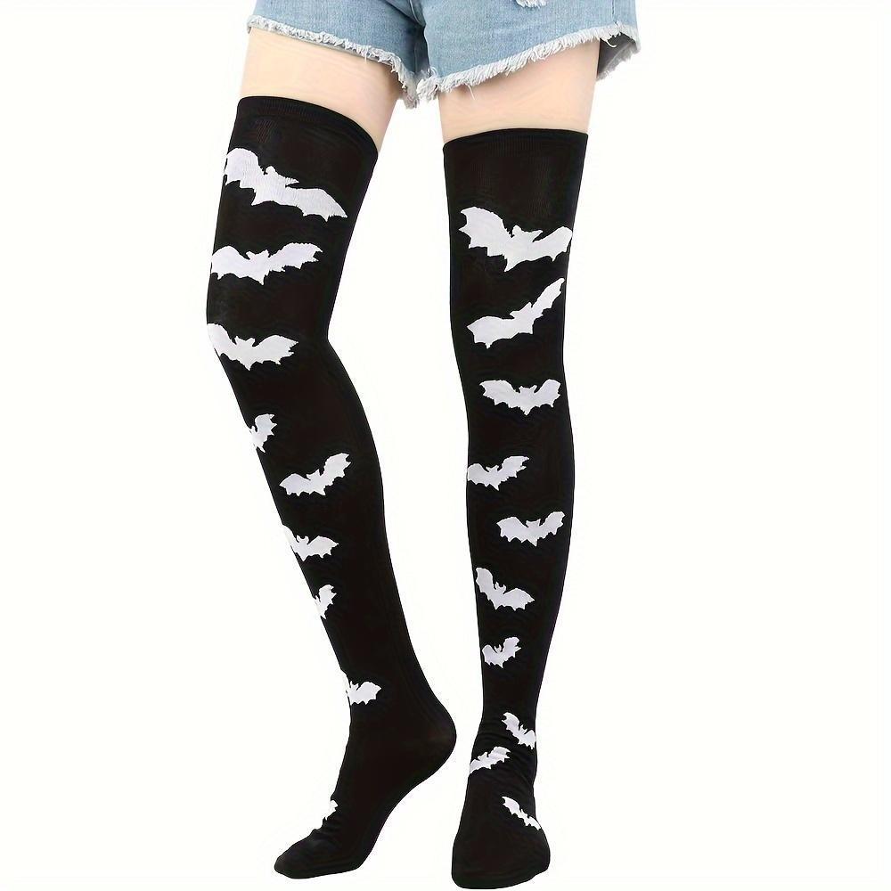 [Halloween-themed Women's socks] 3 pairs of Halloween-themed skull and bat full-body print funny Women's over-the-knee socks, soft, comfortable, tight and high-stretch socks, suitable for parties and daily wear