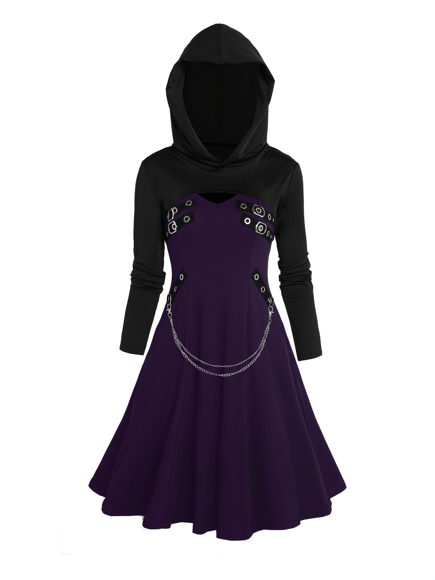 Unique Gothic Style Two-Piece Set: Rock Gothic Metal Piece Decorated V-Neck Vest Dress with Hooded Long Sleeve Top, Detachable Chain Vest Skirt and Curved Hem Caped Long Sleeve Shirt, Versatile Separates Women's Outfit for Pa