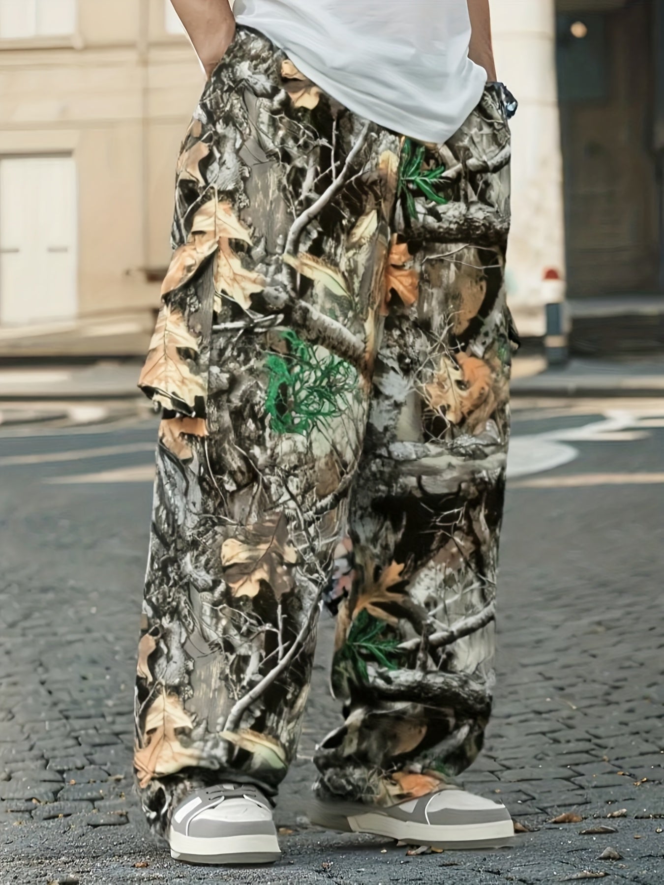 Men's Plus Size Camo Cargo Pants with 3D Pocket Detail - Trendy All-Over Print, Multi-Pocket Design, Polyester for Outdoor, Sports & Streetwear, PLUS SIZE