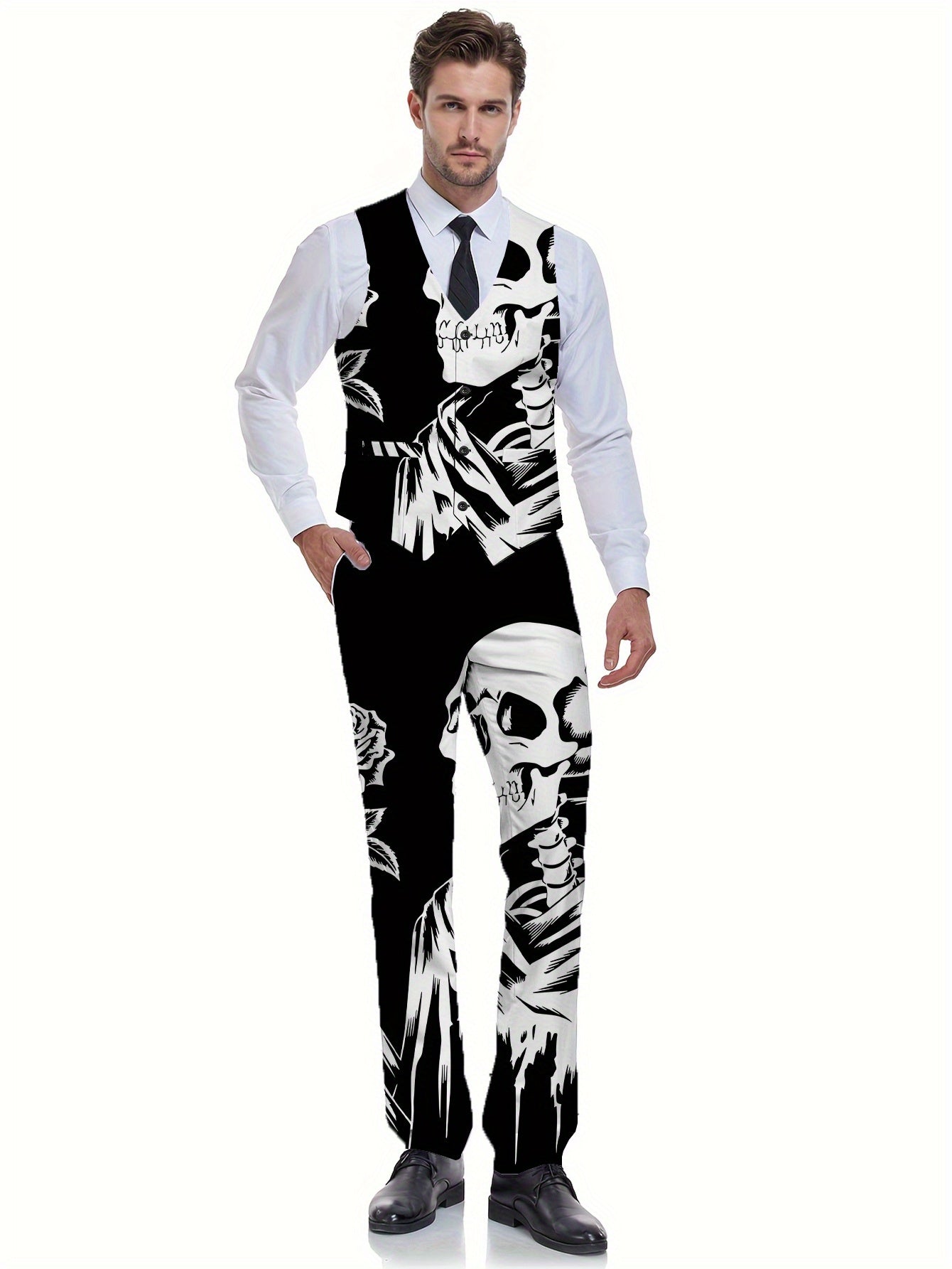 [Gothic Style Vest Set] 2pcs Men's Fashion Vest + Trousers Set | Black and White Double-Skeleton Element Rose Gothic Style Business Formal Printed Suit Vest and Pants Combination Digital Print Men's Dress Suit