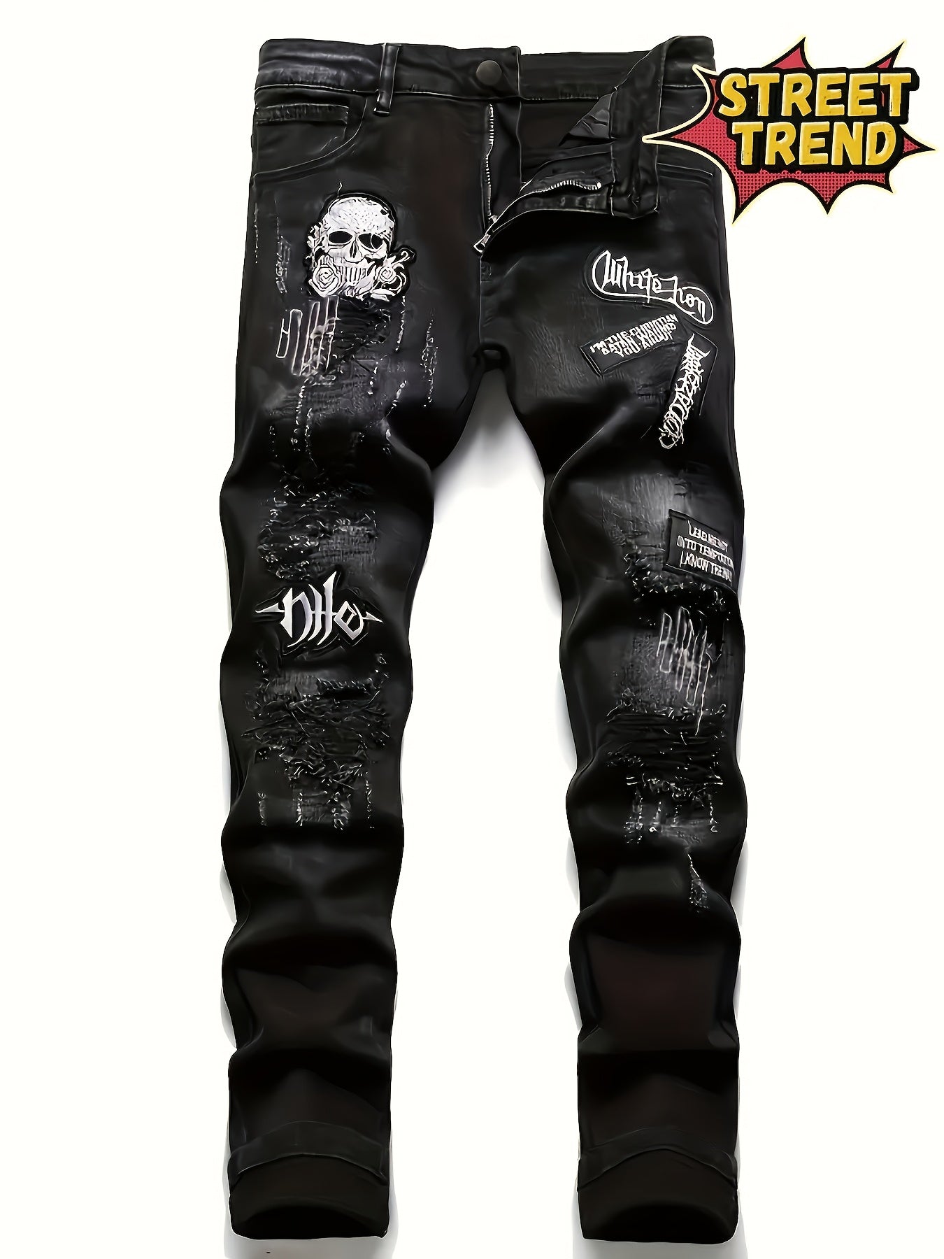 Men'S Streetwear Embroidered Distressed Straight-Leg Jeans - Slim Fit, Washed Denim with Skull & Crossbones Design, Zipper Fly, All-Season Casual Wear, Streetwear Jeans | Edgy Streetwear | Detailed Embroidery