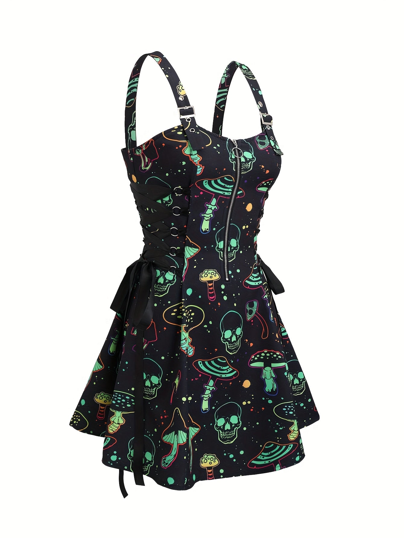 Women'S Casual Skull and Mushroom Print Zipper Dress with Strapless Collar and Tie Detail, 100% Polyester, All-Season Slip, Woven Fabric, 190 g/m² - Perfect for Adult
