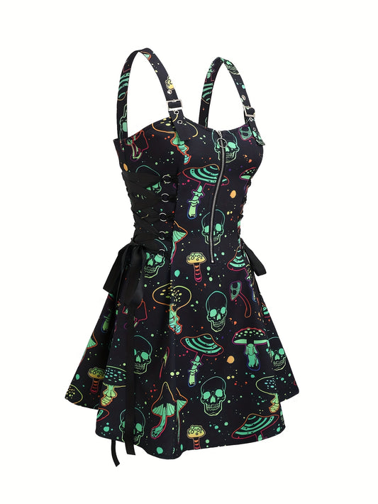 Women'S Casual Skull and Mushroom Print Zipper Dress with Strapless Collar and Tie Detail, 100% Polyester, All-Season Slip, Woven Fabric, 190 g/m² - Perfect for Adult