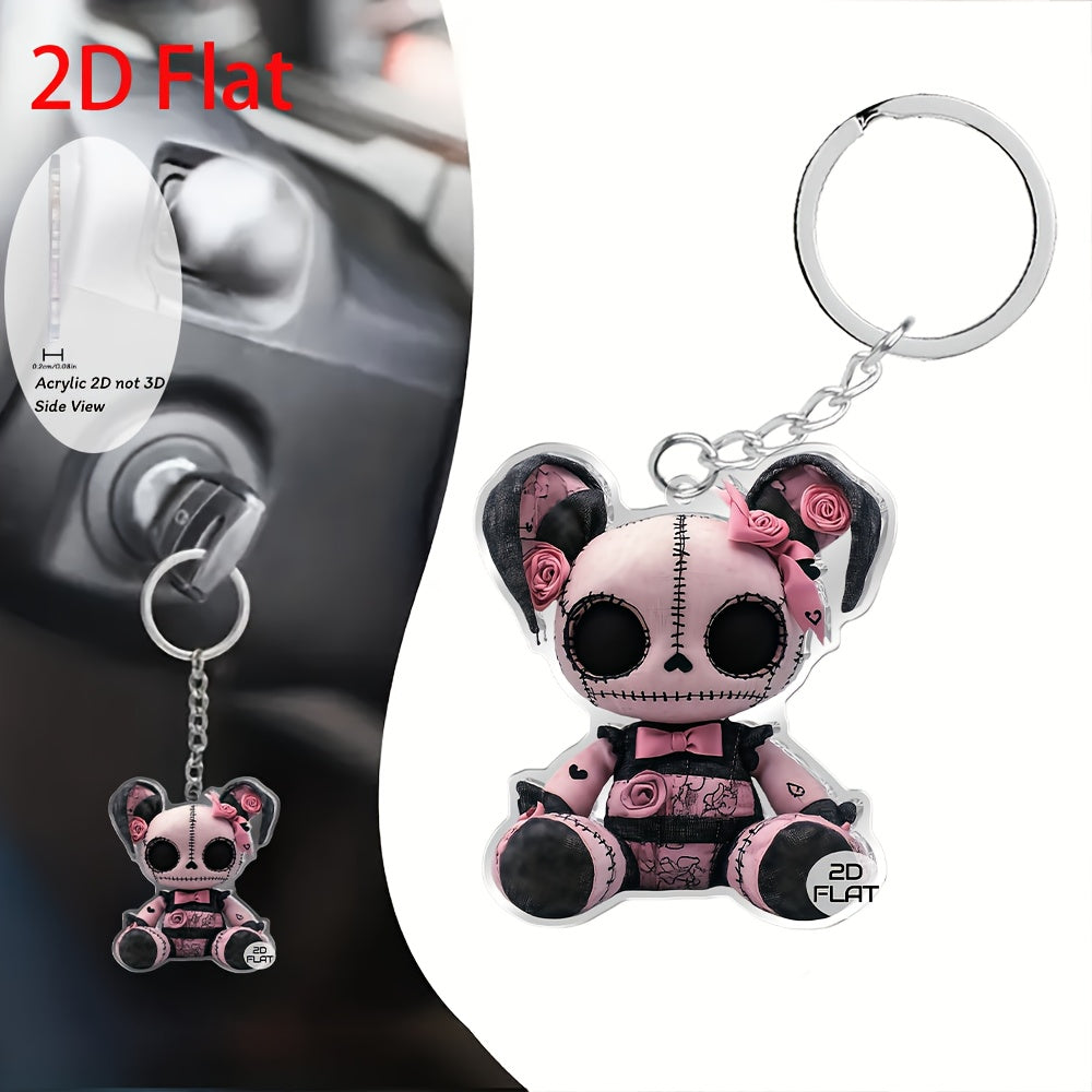 2D Flat, 1pc Gothic Plush Bear Keychain - Pink & Black Gothic Charm with White Eyes, Nose & Mouth - Cute Bag Accessory, Birthday/Valentine's Gift for Girls, Women, Kawaii Collectors - Soft Plush Pendant with Black & White Str