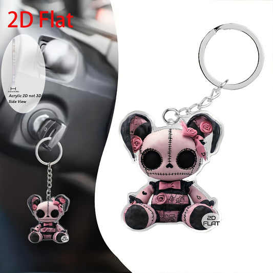 2D Flat, 1pc Gothic Plush Bear Keychain - Pink & Black Gothic Charm with White Eyes, Nose & Mouth - Cute Bag Accessory, Birthday/Valentine's Gift for Girls, Women, Kawaii Collectors - Soft Plush Pendant with Black & White Str
