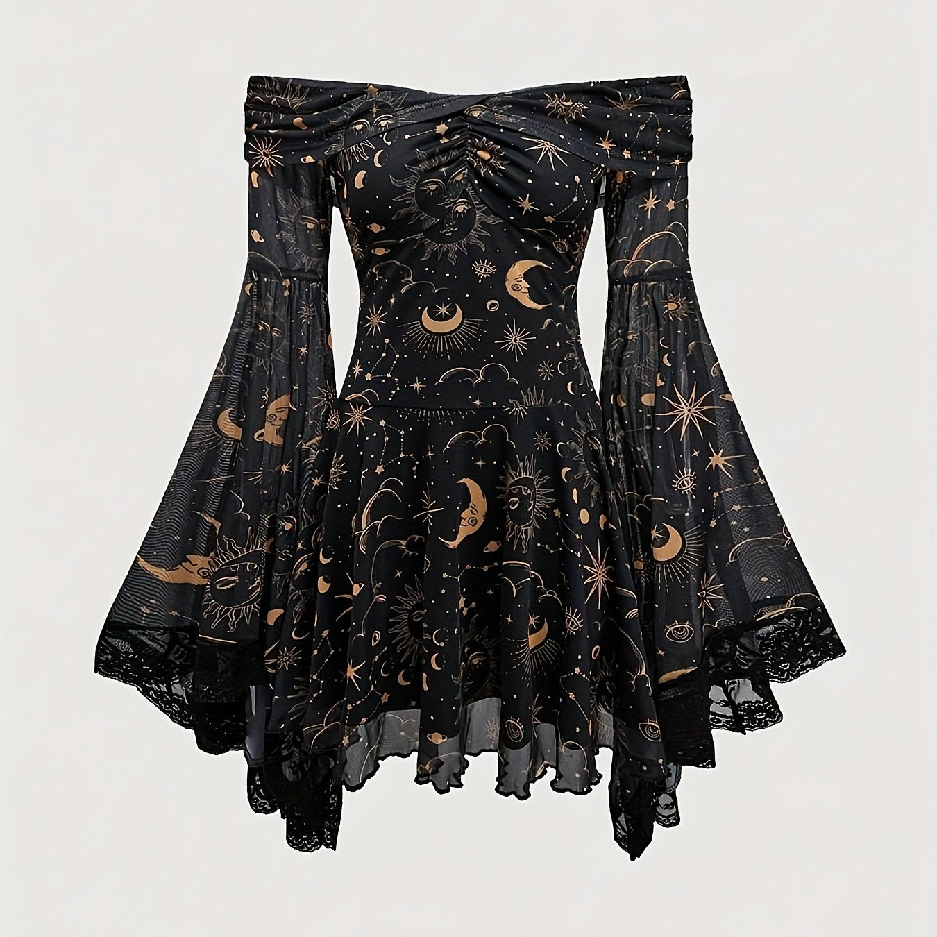 Plus Size Women's Elegant Off-Shoulder Dress with Sheer Lace Sleeves & Starry Night Print - A-Line Mid-Length Summer Dress, Machine Washable, Formal Evening Wear, Semitransparent Material, Stretchy Fabric Gown