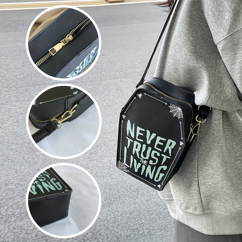 Perfect Halloween Coffin Bag • "Never Trust the Living" Design • Adjustable Strap • Zipper Closure • Polyester Lining • Dry Clean Only • Black Crossbody for Women • Halloween Costume Accessory • Trickory Desig