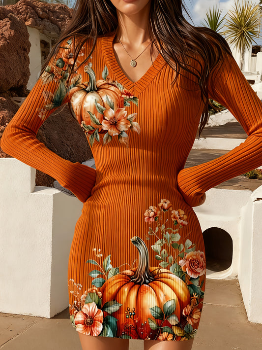 Women'S Sexy Slim-Fit V-Neck Sweater Dress - Long Sleeve Ribbed H-Line Silhouette with Pumpkin & Floral Print, Mid-Length Fall Winter Warmth, Tight Cuffs & Straight Hem - Cozy to Elegant Outfits for Halloween, Christmas Parti