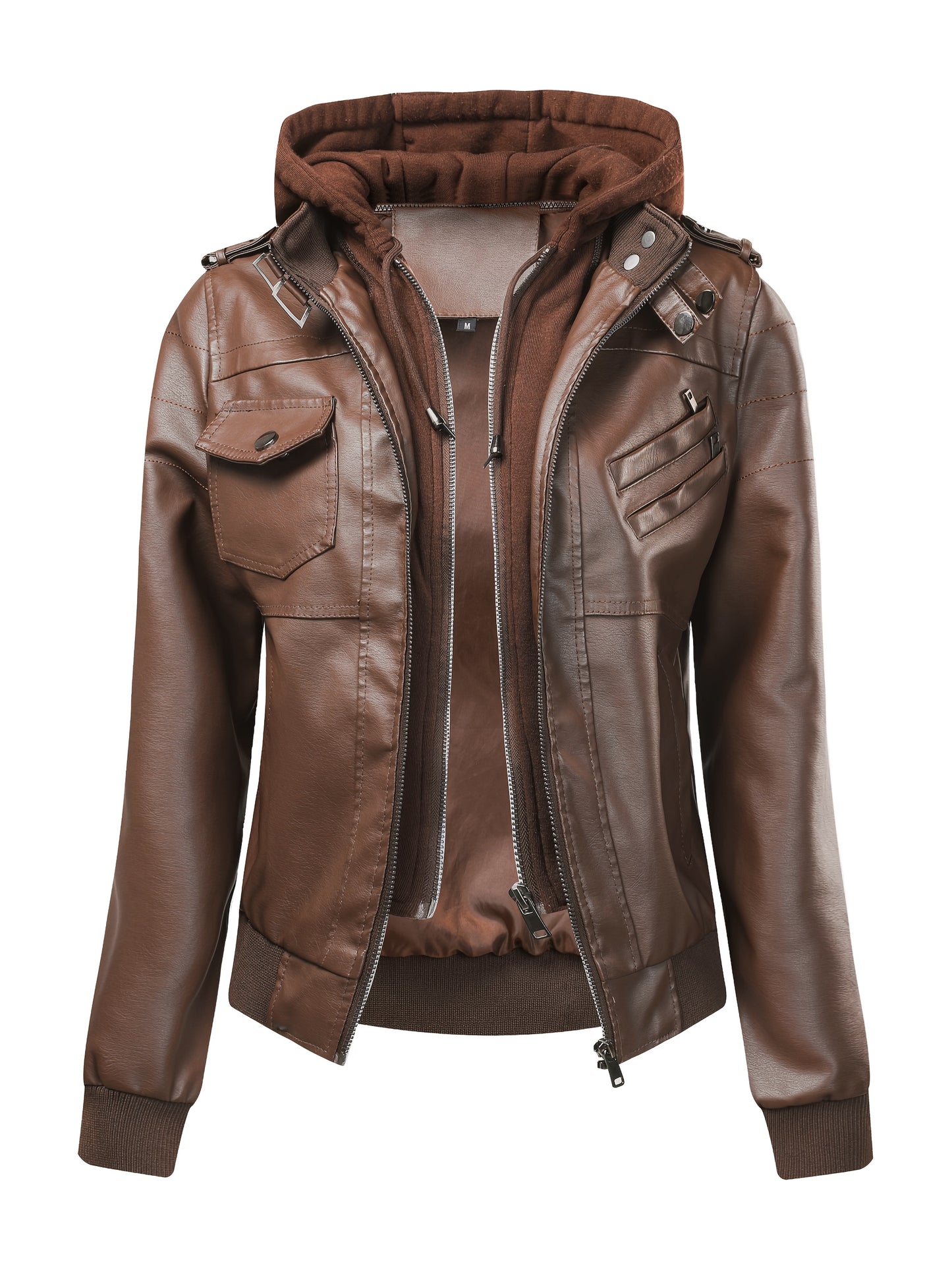 [Black Hooded Jacket] Casual Black Women's Hooded Jacket | Faux Two-Piece Design, Zippered Pockets & Adjustable Straps | for Spring/Fall Outfits, Motorcycle Style
