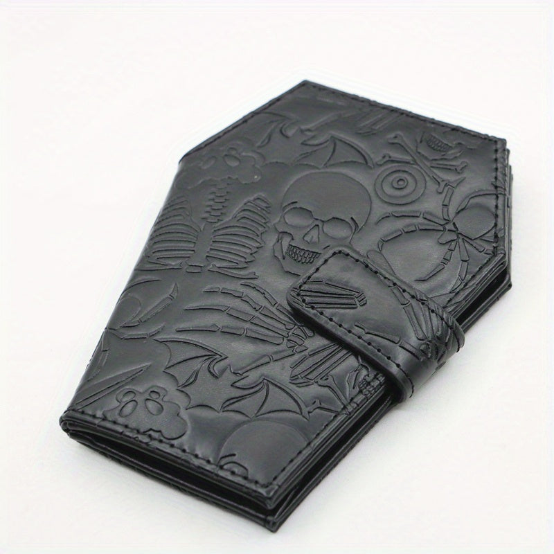 [Gothic Wallet] Spooky Gothic Vintage Embossed Skull Coffin Wallet | Faux Leather, Snap Closure, Perfect for Keys, Cash & Cards, Dark Gothic Style, Halloween Clutch