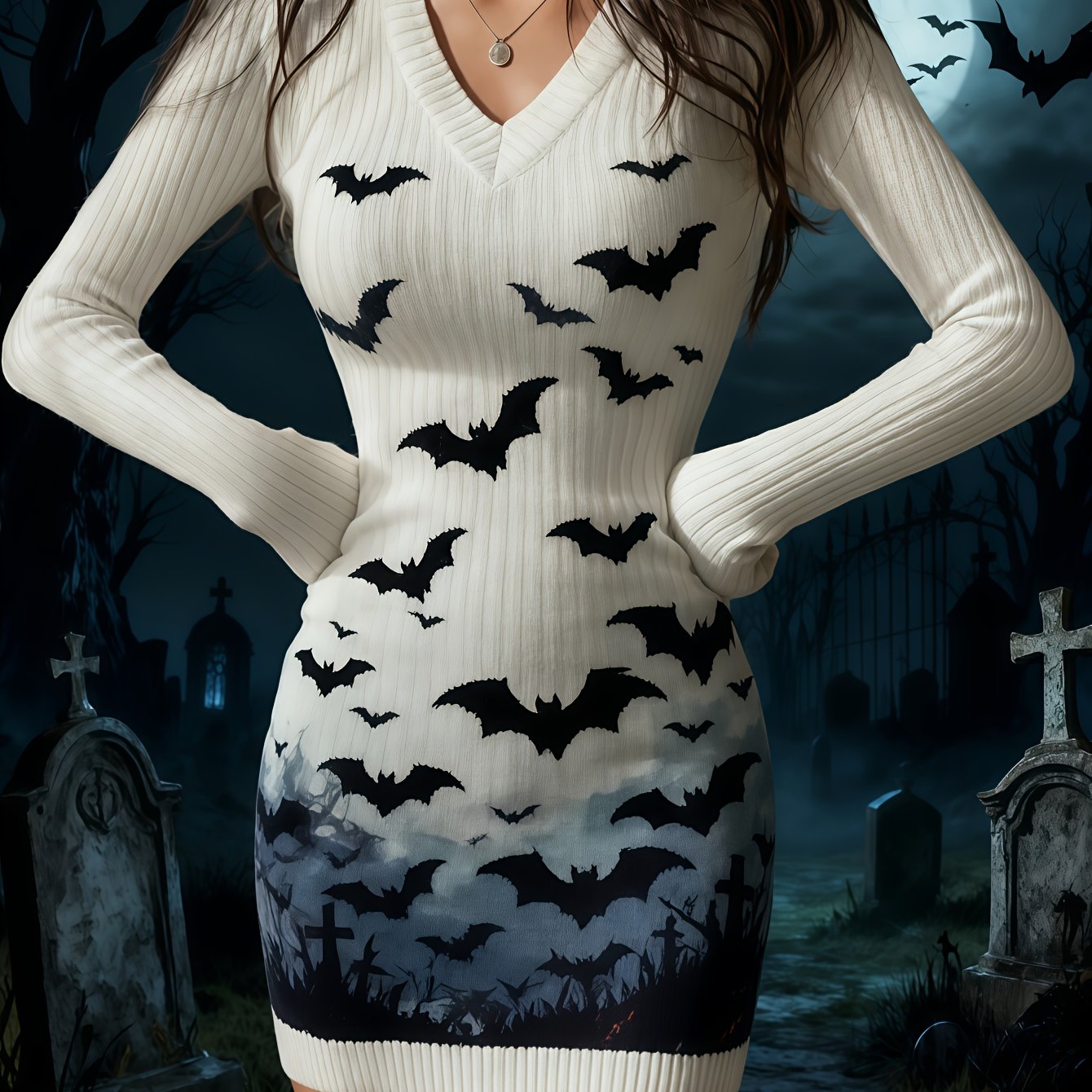 Women'S Gothic Bat Print V-Neck Long Sleeve Slim-fit dress - Elegant party & Everyday Outfit - Fall/Winter Formal Casual Dress - Non-See-Through Fabric - Halloween Costume - Easy-to-Wear Chic Attire, Winter Wardrobe, Fall Fas