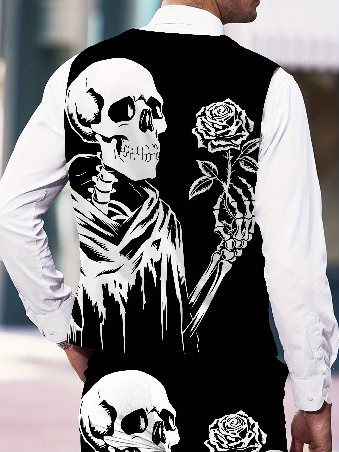 [Gothic Style Vest Set] 2pcs Men's Fashion Vest + Trousers Set | Black and White Double-Skeleton Element Rose Gothic Style Business Formal Printed Suit Vest and Pants Combination Digital Print Men's Dress Suit