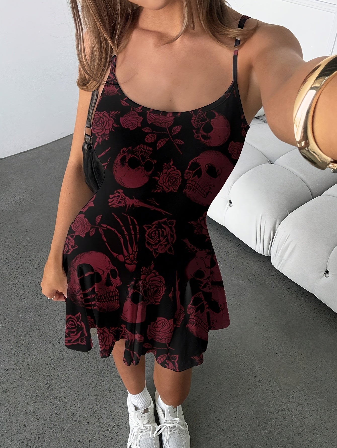 [Edgy Gothic Dress] Edgy Black Y2K Gothic Dress | Women's Stretchy Spaghetti Strap Fitted Top & Flowy Skirt, Deep Red Floral Skull Print, Machine Washable All-Season Party & Casual Outfit, Retro Dresses, Statement Piece, Comf
