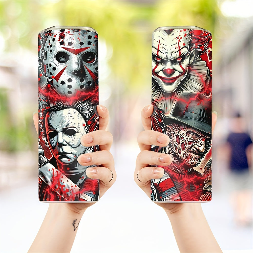 20oz Stainless Steel Tumbler with Horror Movie Characters, Insulated Travel Mug for Coffee, Beer, Drinks - Leakproof, Rust Resistant with Straw, Ideal for Halloween Party Gift - No Assembly Needed