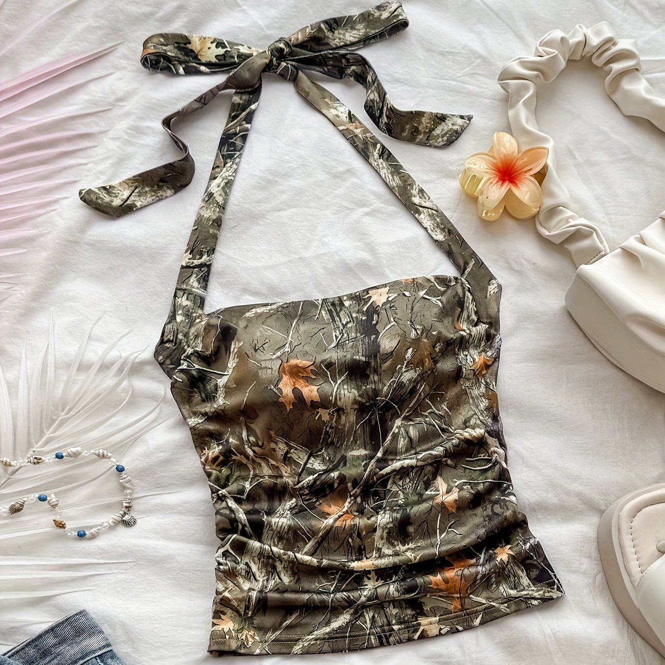 WYWH Women's Y2K Summer Off-Shoulder Camo Tank Top with Adjustable Bow Straps & Ruched Detailing - Breathable Plant Print Vacation Top for Beach, Casual Outings, Summer Tank Tops, Beachwear Essential, Nontransparent Fabric