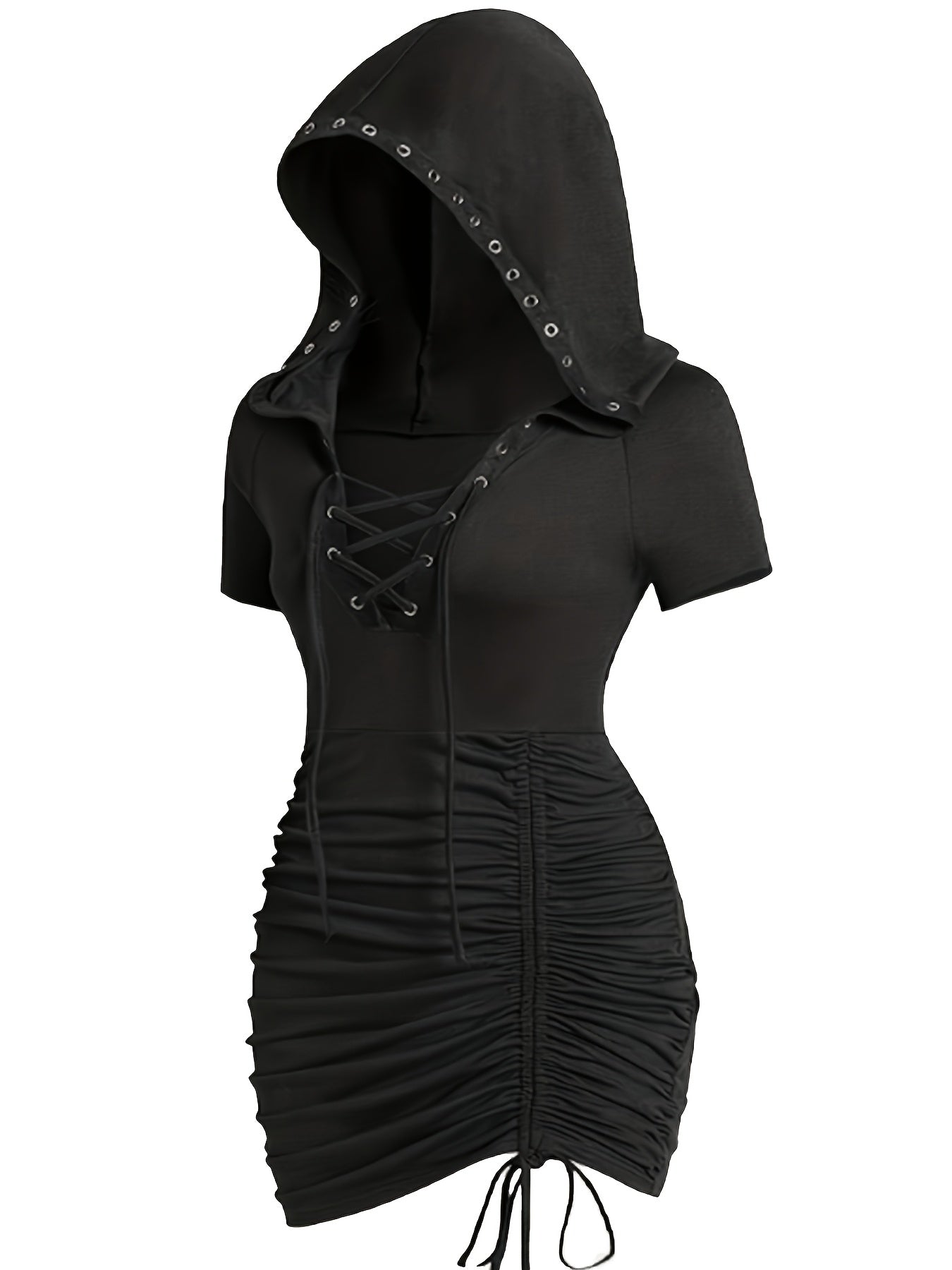 [Gothic Plus-Size Dress] Gothic Dark Style Plus-Size Black Lace-Up Ruffled Short-Sleeve Hooded Dress
