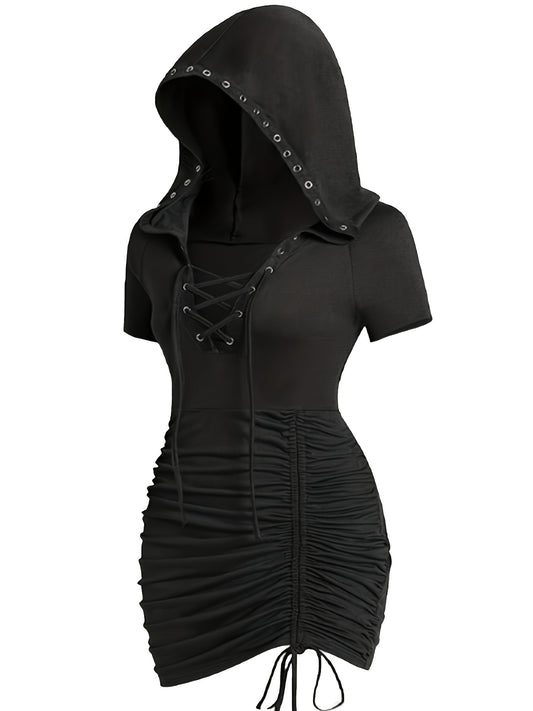 [Gothic Plus-Size Dress] Gothic Dark Style Plus-Size Black Lace-Up Ruffled Short-Sleeve Hooded Dress