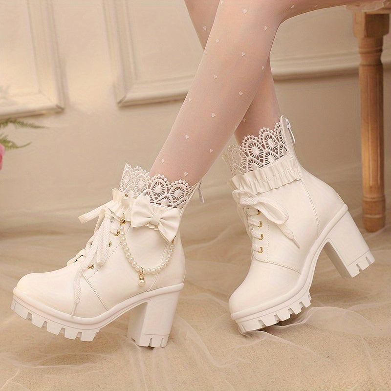 [Winter Chunky Heel Boots] Women's Winter Chunky Heel Gothic Lace-Up Ankle Boots | Japanese/Korean Fashion Faux Cover Round-Toe Short Boots with Thick Platform Sole, Zipper Closure & Heart Bow Buckle, Soft Fabric Lining - Cut