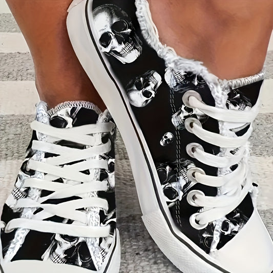 Women'S Halloween Skull Print Shoes, Casual Lace Up Outdoor Shoes, Lightweight Low Top Sneakers Plus Size