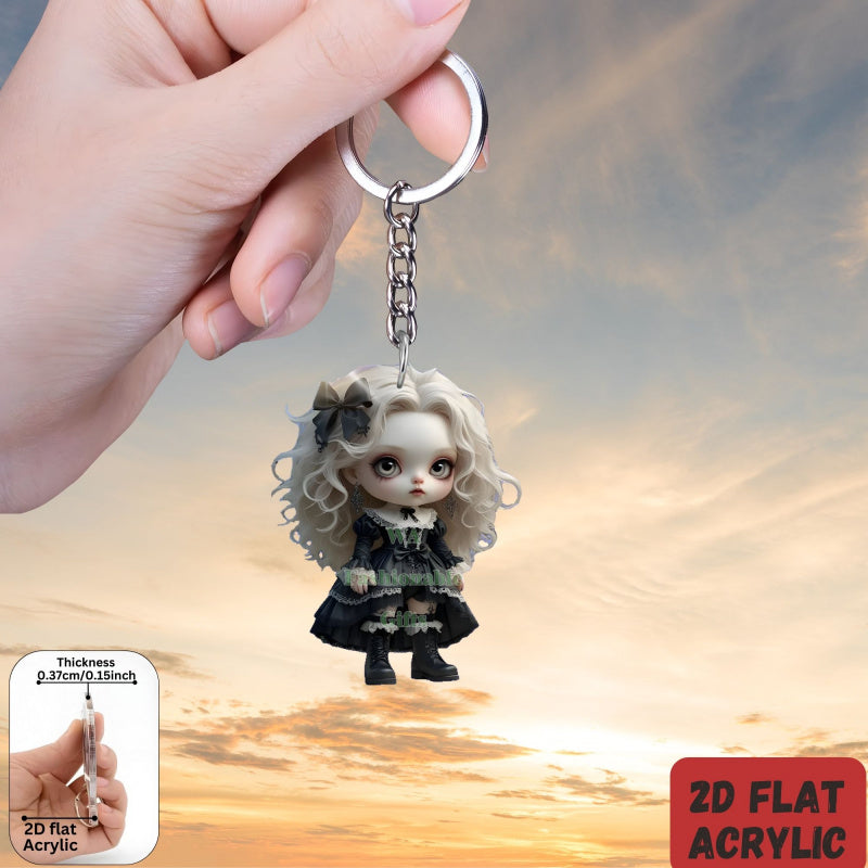 2D Flat, 1pc or 6pcs Gothic Horror Doll Keychain - Cute Gothic with Expressive Eyes, Flat 2D Flat Design with Black Hair & White Face Paint - Compatible with Backpacks, Cars, Phones, Keys - Spooky Accessory for Halloween, Chr
