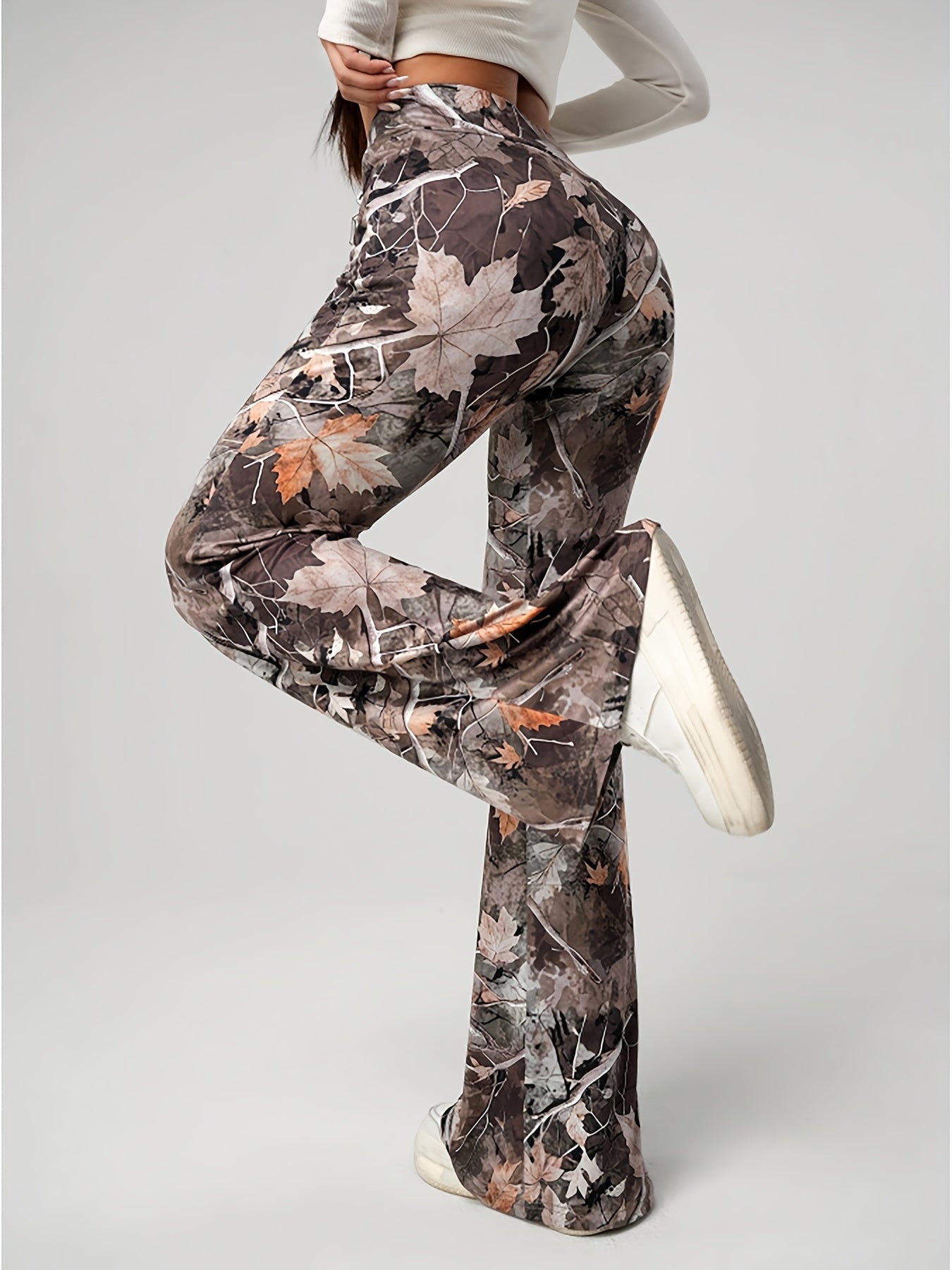 Women's High-Waisted Stretch Flared Pants - Y2K Camouflage Print with Autumn Leaves Design, All-Season Comfort & Machine Washable for Casual & Formal Outfits, Allseason Attire | Y2K Fashion | Chic Tailoring, Cute Pants