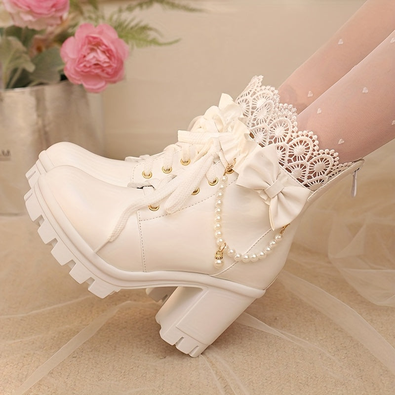 [Winter Chunky Heel Boots] Women's Winter Chunky Heel Gothic Lace-Up Ankle Boots | Japanese/Korean Fashion Faux Cover Round-Toe Short Boots with Thick Platform Sole, Zipper Closure & Heart Bow Buckle, Soft Fabric Lining - Cut