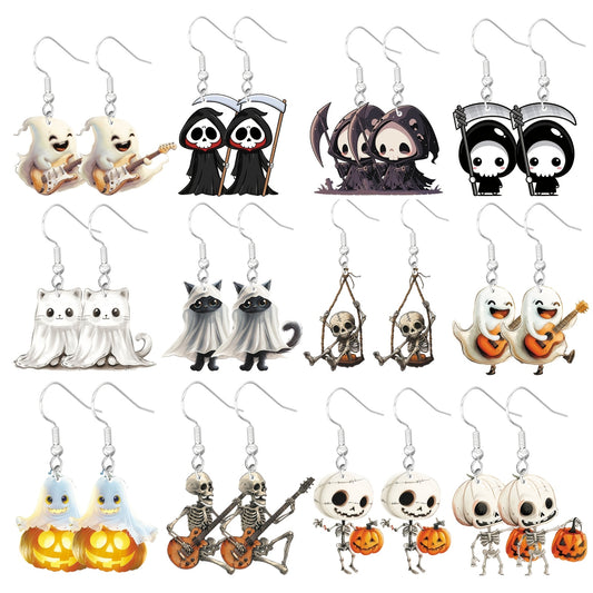 12 Pairs of Halloween Earrings Featuring Adorable Mummies, Pumpkins, Cats, Skulls, And Death Patterns, Cartoon-Style Pendant Earrings Made of Acrylic Material.