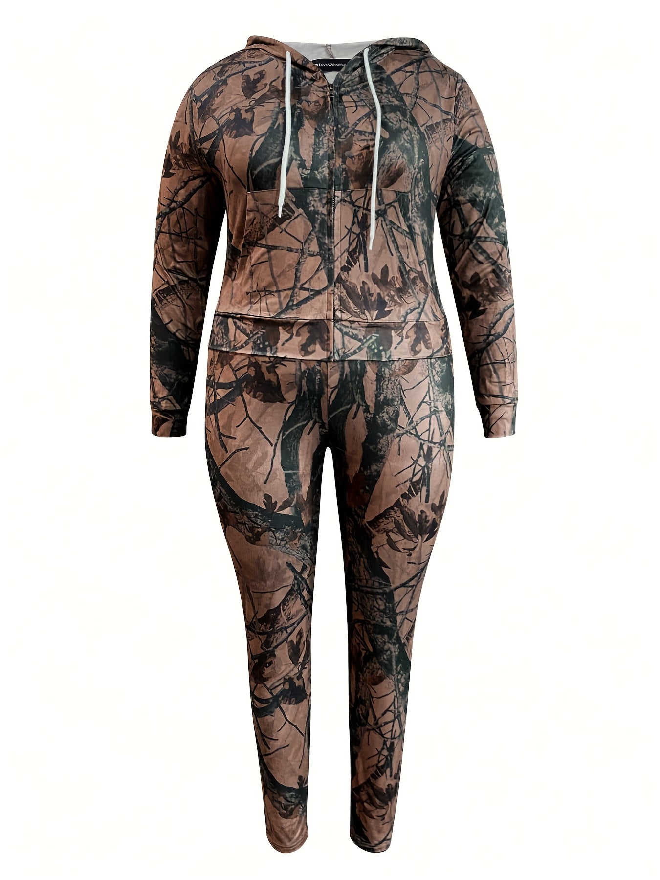 Plus Size Two-Piece Pants Set with Zipper Pockets, Camouflage & Solid Color, V-Neck, Long Sleeve - Athletic Wear for Women, Plus Size Pant