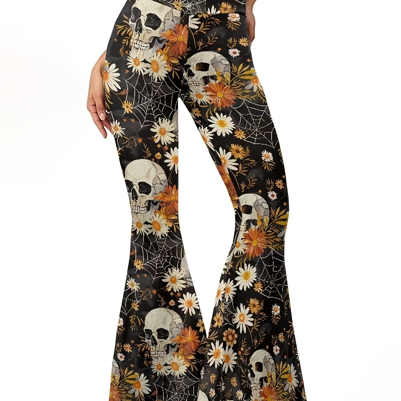 Women'S Gothic Floral pants - High-Waisted Stretchy Flare Leg Pants with Bell Bottoms, Black/Orange/White Floral Print - Edgy Y2K Outfit for Concerts, Parties, Casual Attire - All-Season Stretch Jeans, Party Attire, Comfortab