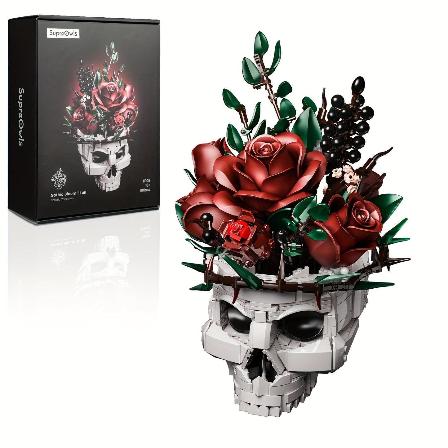 1101pcs Gothic Building Blocks Set - Large-Scale Skull & Rose Flower Model with Intricate Dark Art Design, Interlocking Bricks for Adults, Challenging Assembly, Collectible Display, Gothic Home Decor, Halloween Party Decorati