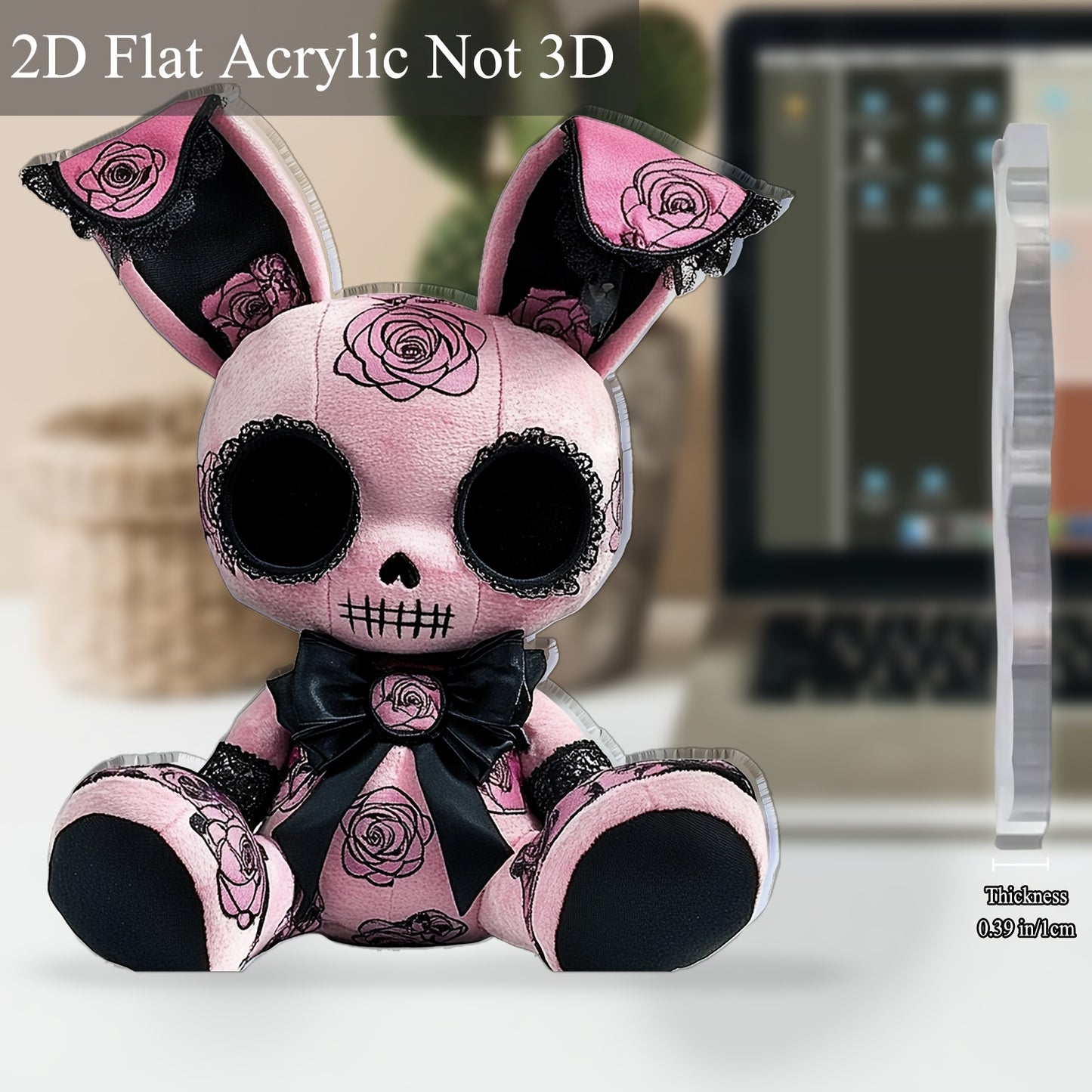 2D Flat, 1pc Gothic Style Bunny Plush Toy Acrylic Desktop Decor - Black & Pink with Rose Accents, 5.91" x 5.11", No Batteries Needed, Perfect for Office, Bar, Cafe, Valentine'S Day, Easter, or Gift for Friends, Cute Decor, Ba